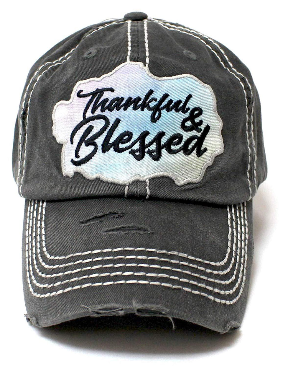 Women's Charcoal Black Thankful & Blessed Chrome Patch Embroidery Hat