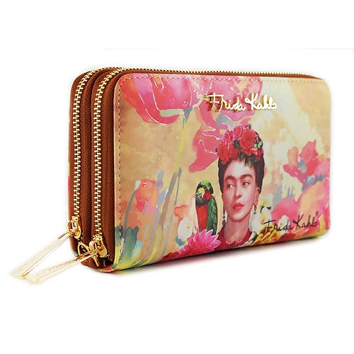 Authentic Frida Kahlo with Parrot in Flowers Double Zipper Wristlet Wallet